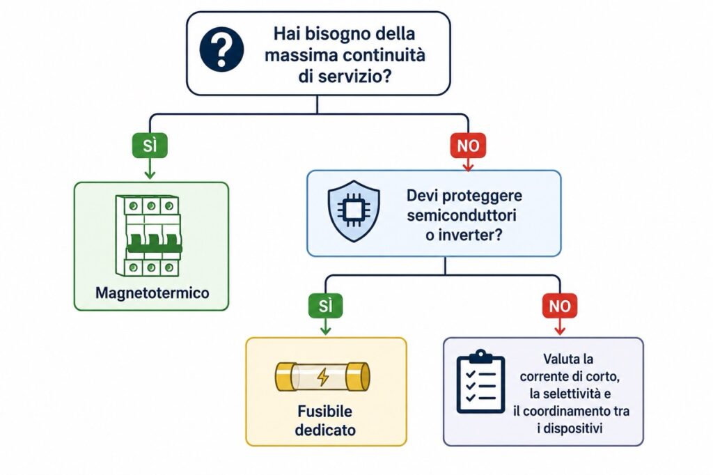 Diagramma di flusso che aiuta a individuare il dispositivo di protezione più adatto in funzione delle esigenze dell'impianto, della continuità di servizio e del coordinamento tra le protezioni.