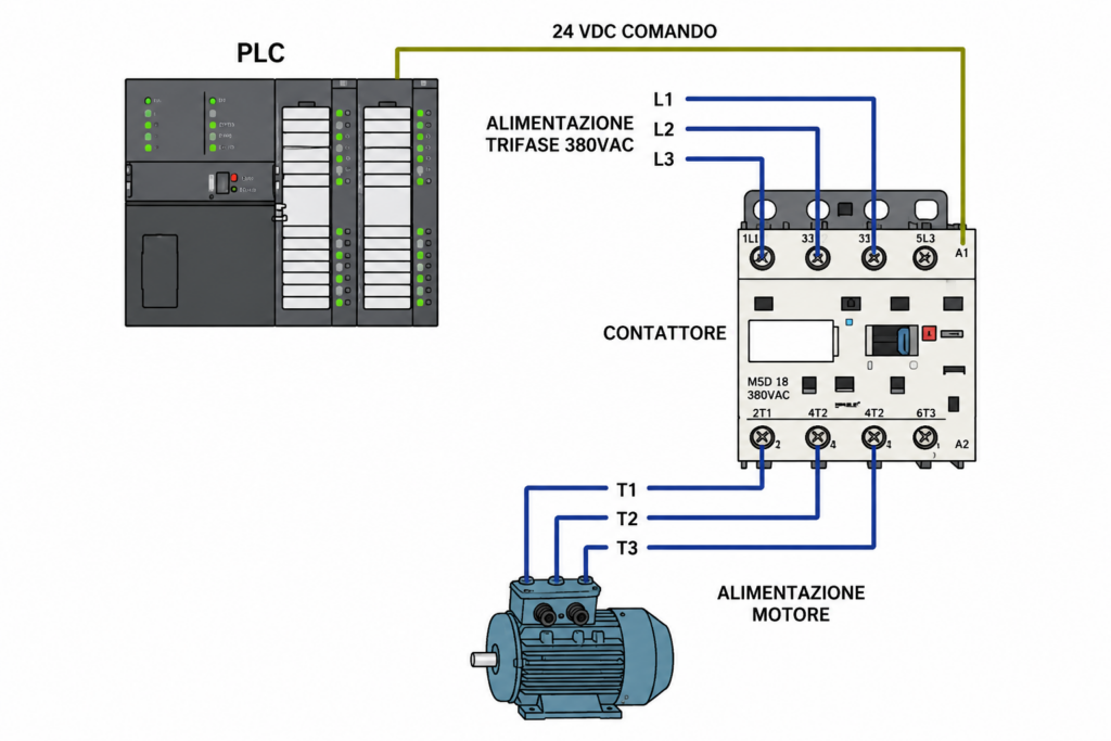 Schema di collegamento tra PLC, contattore e motore trifase con comando a 24 V DC.