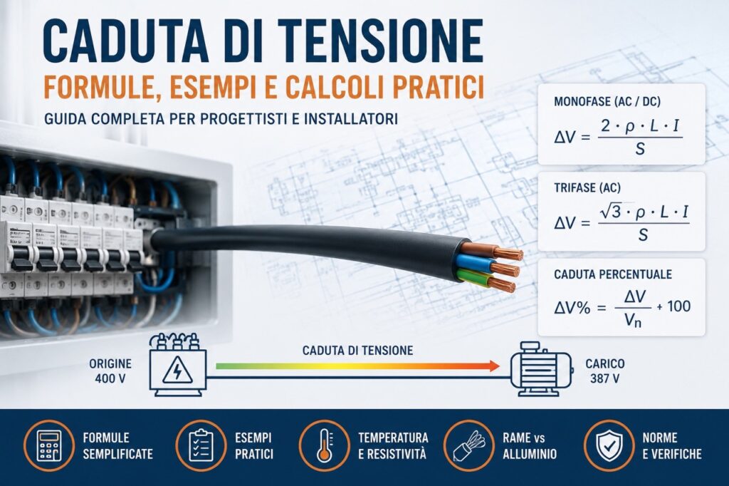 Schema del calcolo della caduta di tensione nelle linee elettriche BT con formule per corrente continua, monofase e trifase, esempi pratici e quadro elettrico.