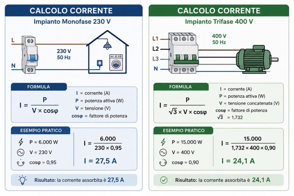 Infografica sul calcolo della corrente nominale di un quadro elettrico con formule per impianti monofase a 230 V e trifase a 400 V ed esempi pratici di calcolo.