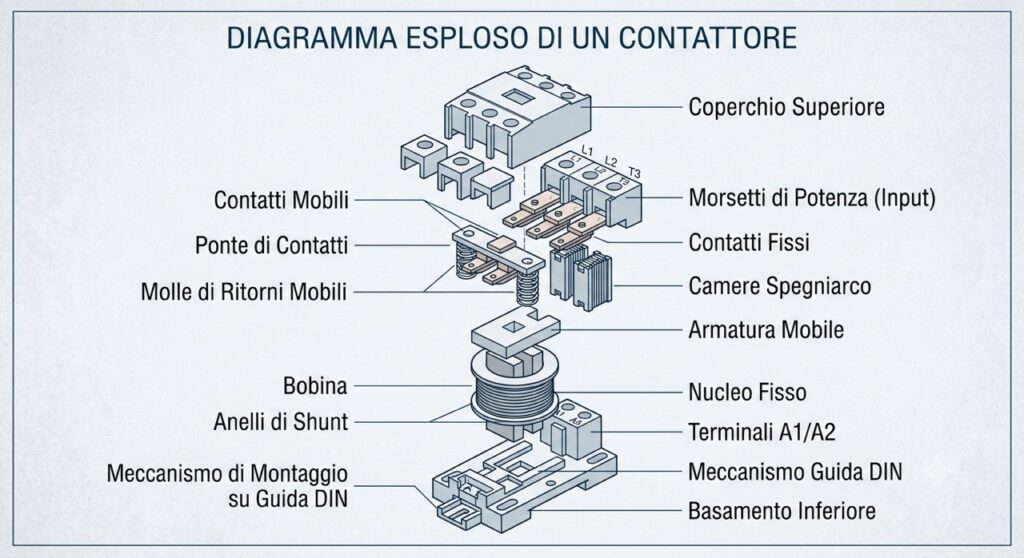 Vista esplosa di un contattore con i principali componenti interni identificati.