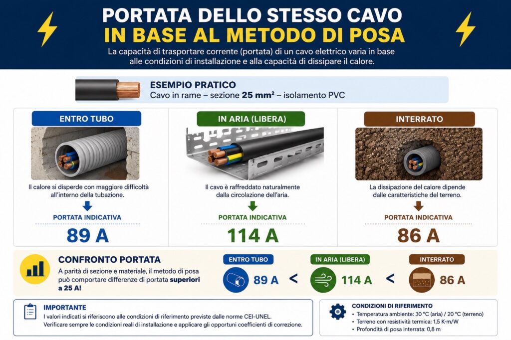 Infografica sul calcolo della portata di un cavo elettrico in base al metodo di posa (entro tubo, in aria libera, interrato) con esempio pratico su cavo in rame da 25 mm².